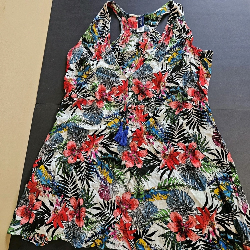 Swimsuits For All 18/20 Tropical Floral Kaftan Cover Up Blue Tassels Rayon